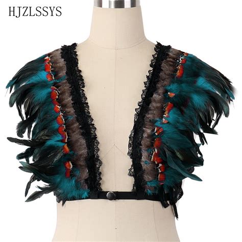 Womens Feathers Body Harness Epaulette Cage Bra Rave Gothic Sexy