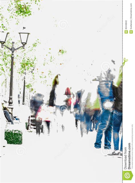 Abstract Blur People Promenaders Along A Boulevard In The City In