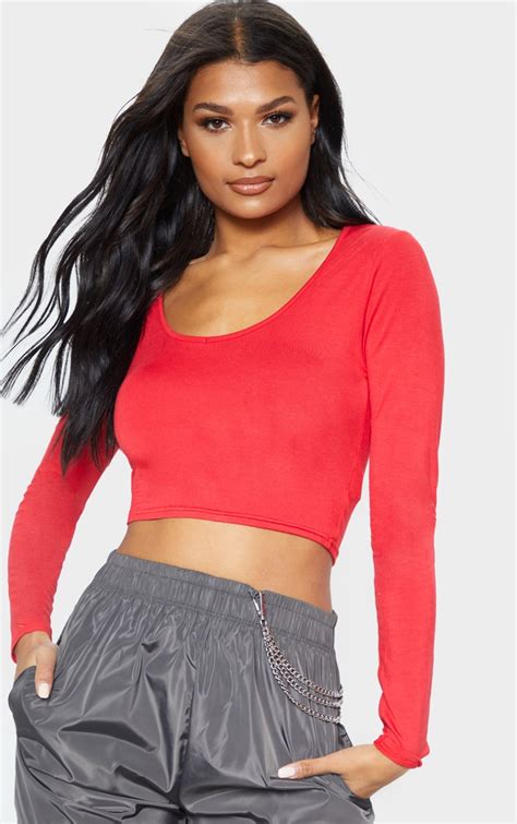 Red Long Sleeve V Neck Crop Top Tops Prettylittlething Usa