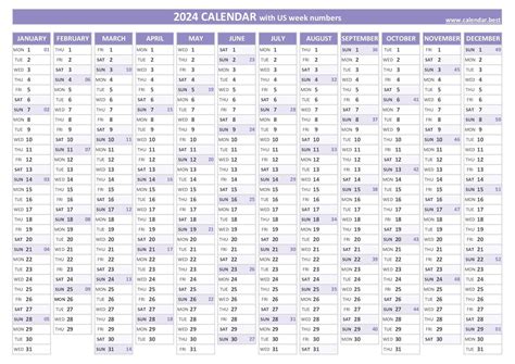 2024 Calendar By Week Numbers Printables Kylen Minerva