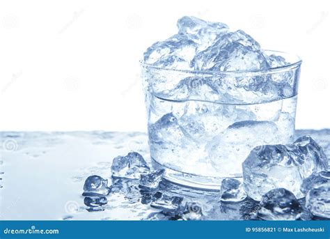 Water With Ice Cubes In Glass Isolated On White Copy Space Stock