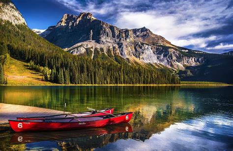Landscape Nature Lake Mountain Forest Canoes Water Reflection