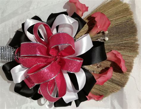 Black White And Hot Pink Bling Wedding Broom With Calla Lilies Jumping