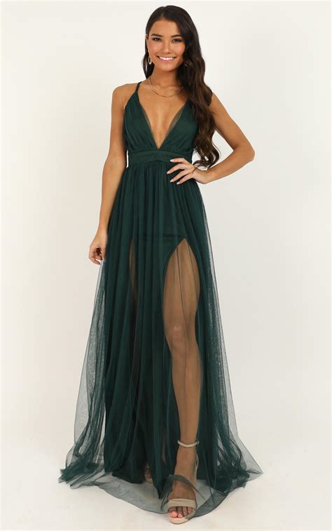 Like A Vision Plunge Maxi Dress In Emerald Tulle Showpo Plunge Maxi