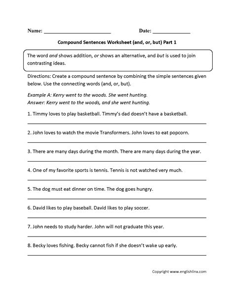 Conjunctions join sentences, phrases, or clauses together. Compound Sentences Worksheets | and, or, and but Compound ...