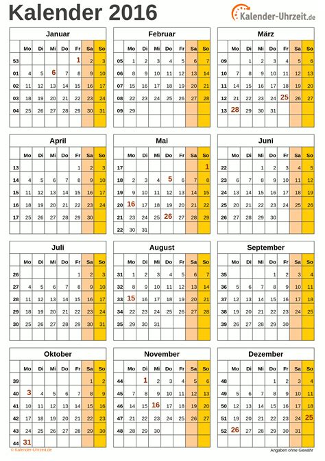 Excel Kalender 2016 Kostenlos