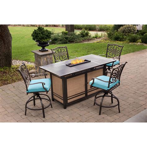 This bar height fire table set (also available with red cushions) provides plenty of tabletop surface plus the ambiance of flickering flames… update:if the hanover table is out of stock, sunvue patio has a slightly larger table set with 8 chairs (vs 6) and 2 fire bowls (instead of 1). Hanover Traditions 5-Piece High-Dining Set in Blue with 4 ...