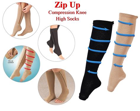 Zip Up Compression Socks High Leg Support Knee Slimming Stocking Open Toe Unisex Ebay