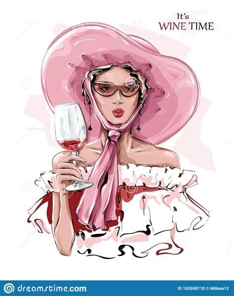 Hand Drawn Beautiful Young Woman In Pink Hat Fashion Woman With Glass