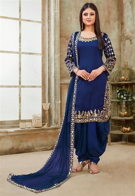 Embroidered Art Silk Punjabi Suit In Dark Blue Kch3734