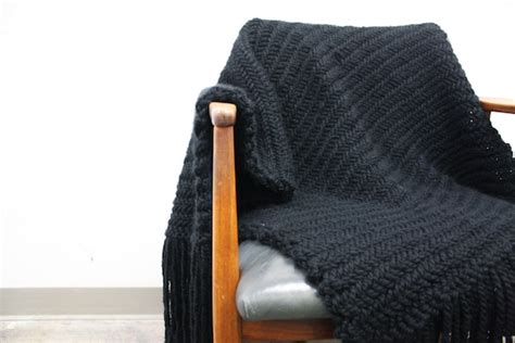 Black Chunky Knit Blanket Throw Herringbone Texture