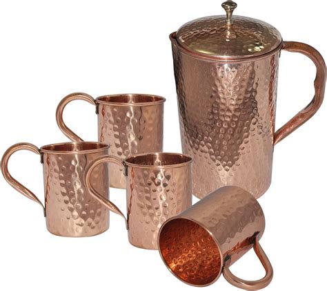 Dungri India Pure Copper Jug 1600 Ml 54 Oz With 4 Pure Copper Hammered Moscow Mule