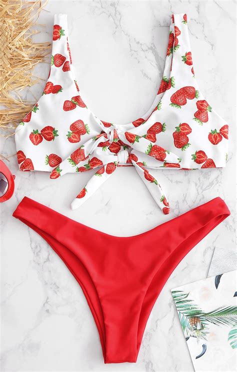 Hot 2019 Zaful Strawberry Tied Keyhole Bikini Set In Red Style