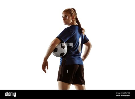 Young Female Soccer Or Football Player With Long Hair Posing Confident