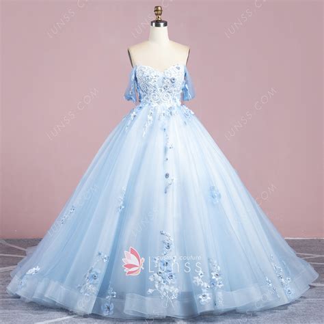 Pearled 3d Flower Lace Appliqued Blue Prom Ball Gown Lunss
