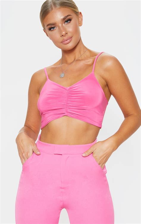 Hot Pink Ruched Front Slinky Crop Cami Tops Prettylittlething