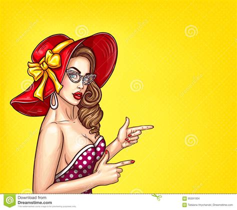 Pop Art Pin Up Illustration Of A Girl In A Luxurious Hat And Eyeglasses