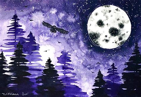 Night Sky Painting Landscape Original Art Full Moon Watercolor Etsy