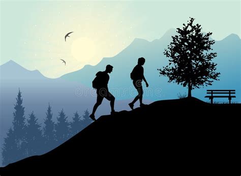 Silhouettes Of People Climbing And Hiking On Forest Background