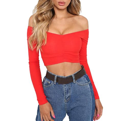 Womens Off Shoulder Crop Top T Shirts Fashion Red Color Sexy Long