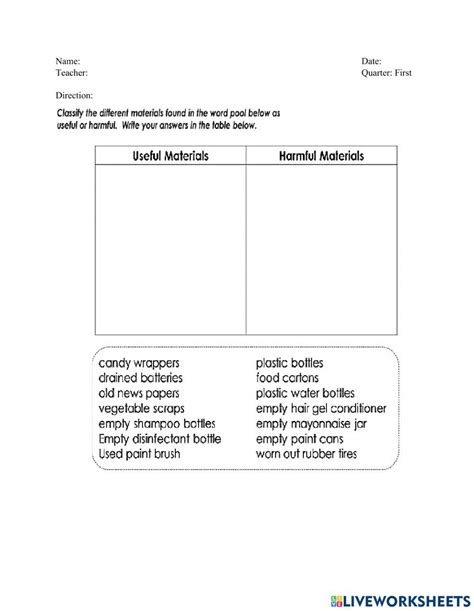 Useful And Harmful Materials Worksheet Matter Science Physical