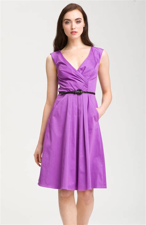 jessica simpson belted v neck fit and flare dress in purple berry lyst