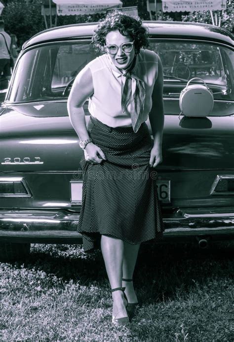 Attractive Pinup Girl Posing Beside Retro Car Mercedes Benz Editorial