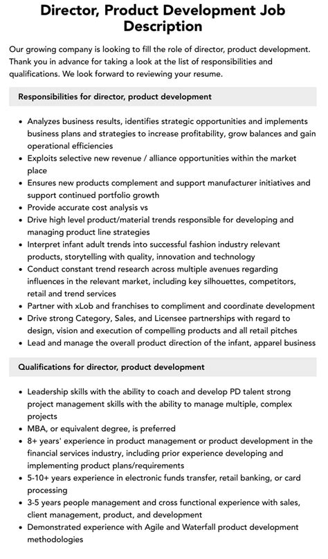 Director Product Development Job Description Velvet Jobs