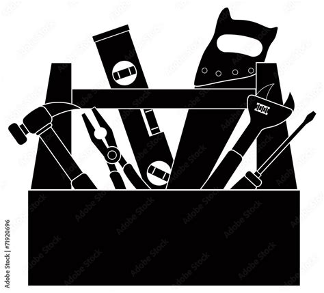 Construction Tools In Tool Box Black And White Illustration Stock