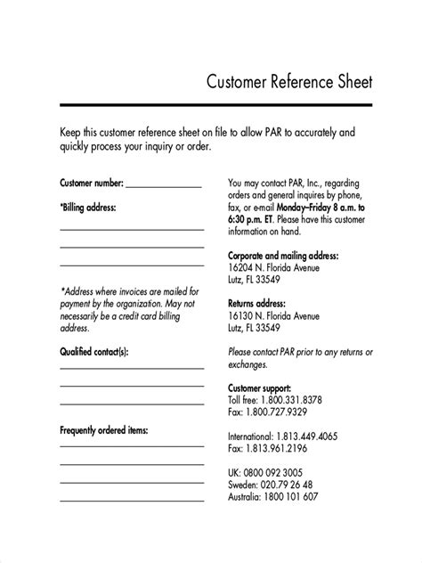 Customer Reference Sheet Fill Online Printable Fillable Blank