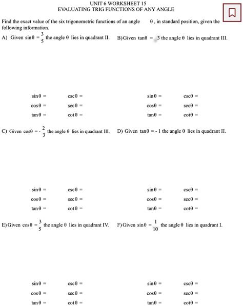 Solved Unit 6 Worksheet 15 Evaluating Trig Functions Of Any Angle Find