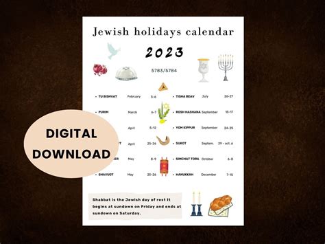 Printable Jewish Holidays Calendar 2023 Download Rosh Etsy