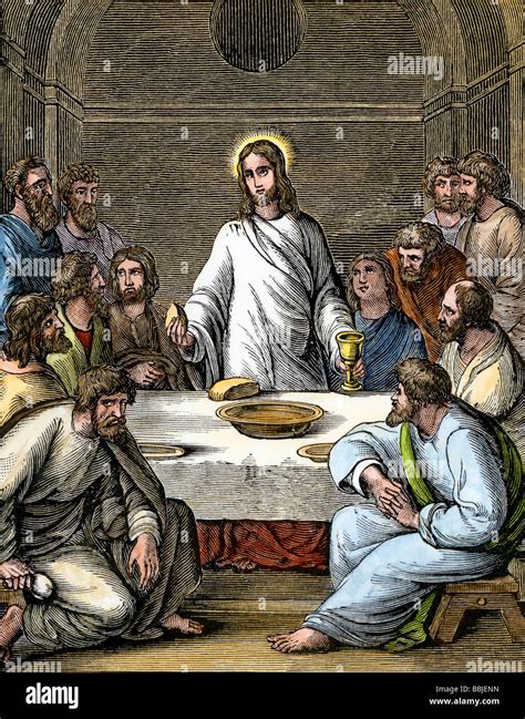 Jesus Breaking Bread At The Last Supper With The Apostles Stock Photo