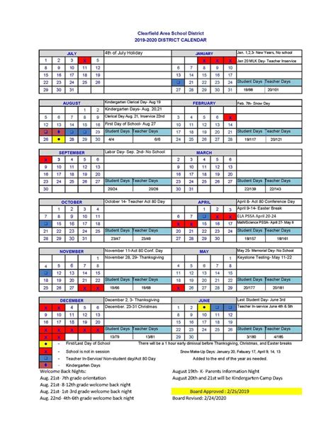 Revised 2019 20 District Calendar Clearfield Area School District