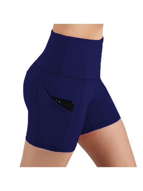 womens elastic waist yoga shorts with side pockets tummy control workout stretch yoga leggings
