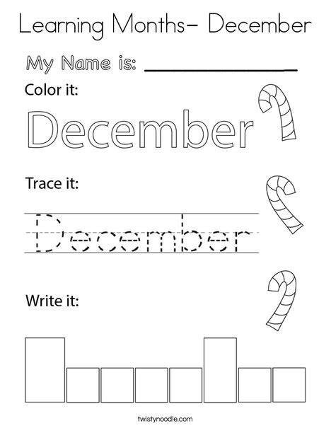 Learning Months December Coloring Page Twisty Noodle