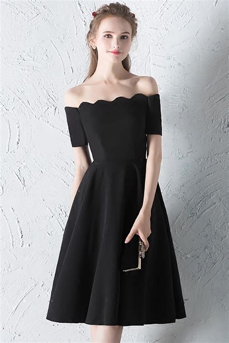 simple little black knee length semi formal dress with off shoulder g79019