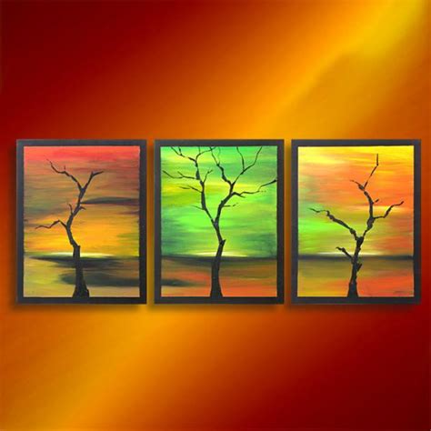 60 Abstract Art Deco Trees Original Painting Acrylic Triptych 3 Canvases