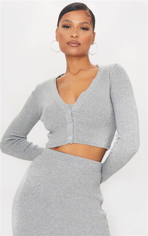 Grey Ribbed Knitted Cropped Cardigan Prettylittlething