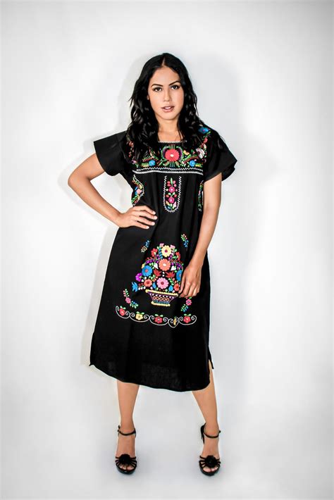 Mexican Long Dress Pure Cotton Black Hand Embroidered A Little