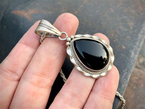 Large Vintage Sterling Silver Black Onyx Pendant Necklace With Thick