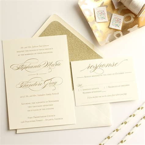 blush paperie timeless wedding invitation suite metallic gold thermography