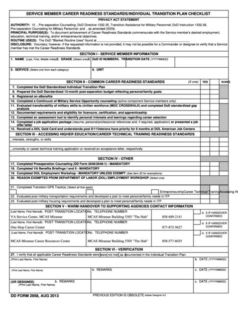 Fillable Dd Form 2958 Service Member Career Readiness Standards