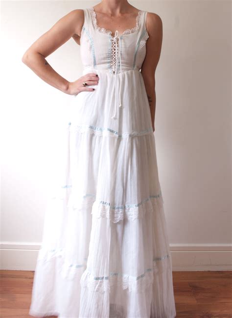 S Gunne Sax Prairie Dress Vintage White Maxi Dress With Blue Lace Boho White And Blue