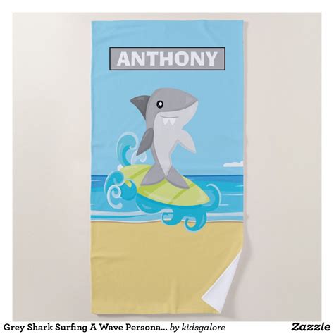 Grey Shark Surfing A Wave Personalized Beach Towel Personalized Beach