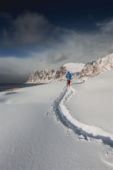 Tourist Walking In The Wild On The Lofoten Islands In Norway Stock