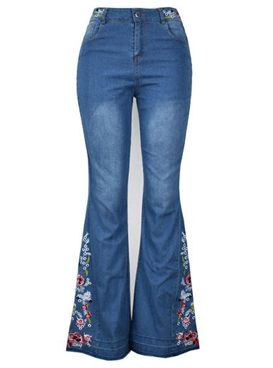 Womens Floral Embroidery Bell Bottom Denim Pants With Pockets Black
