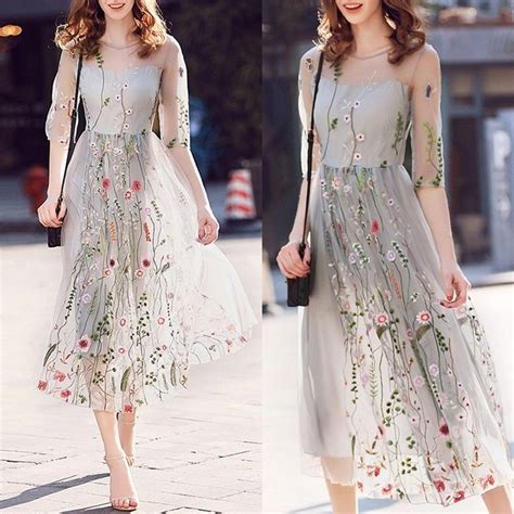 Women Embroidery Floral Short Sleeve Dress Evening Party Cocktail Maxi