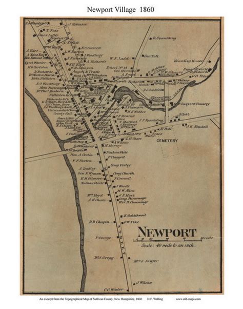 Newport Village New Hampshire 1860 Old Town Map Custom