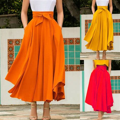 women s pleated long maxi skirt high waist evening cocktail party a line dress orange size 2xl